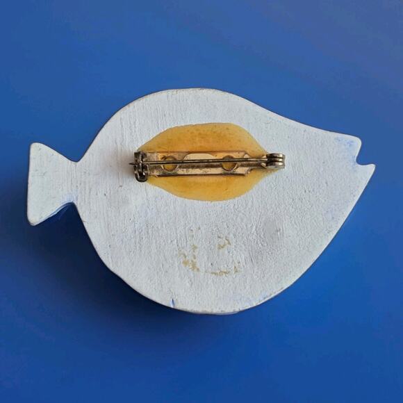 Vtg Hand Crafted Clay Polymer Fish Pin Brooch Blue Metallic Gold Tropics Coastal - Picture 4 of 6